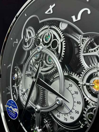 Rhythm “Chronograph (Black/Silver)” Skeletonized Dial Magic Motion Musical Wall Clock with Moving Gears - 4MH442WU08