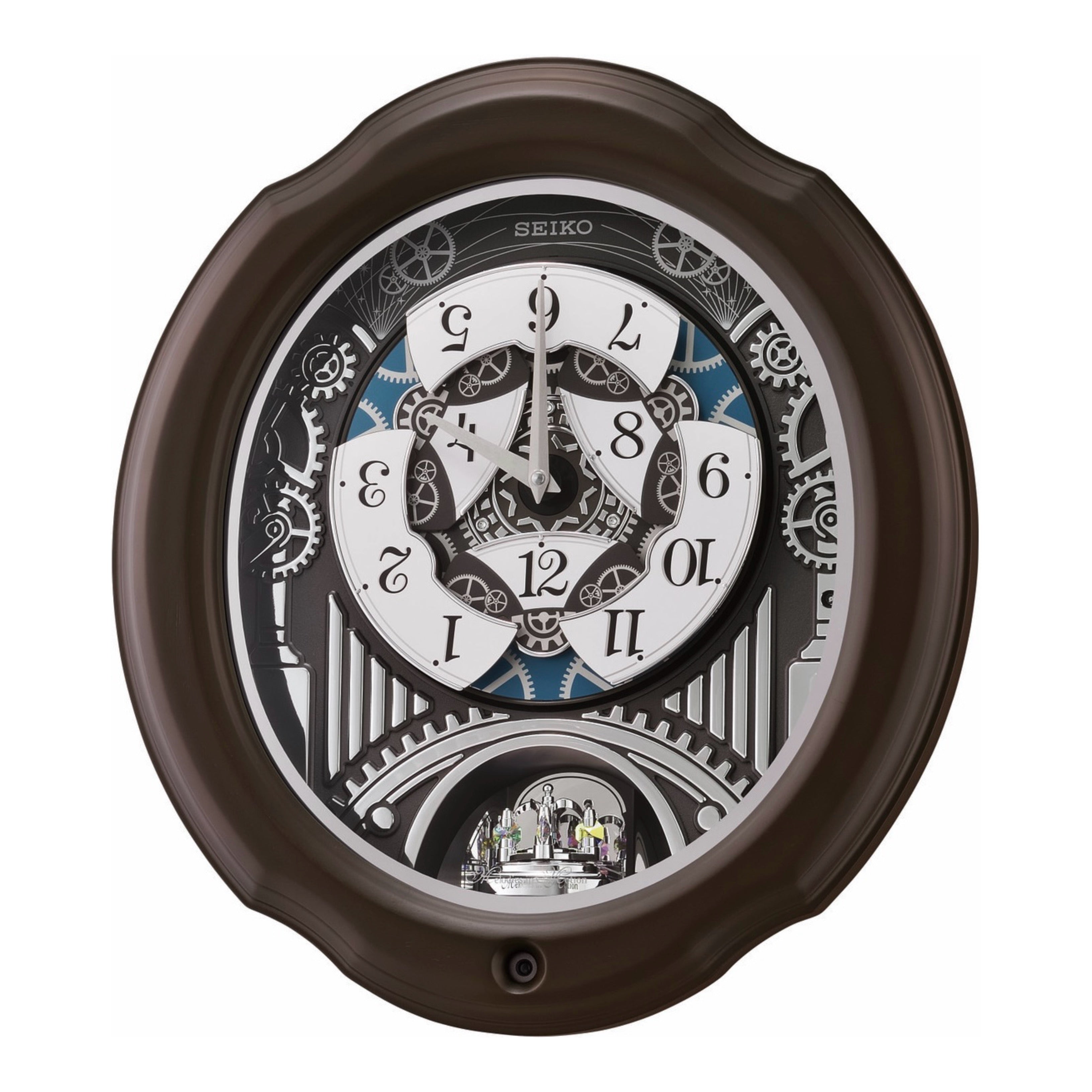 Seiko QXM609NRH “Opera” Melodies in Motion Dancing Dial Musical Wooden Wall Clock with 36 Songs