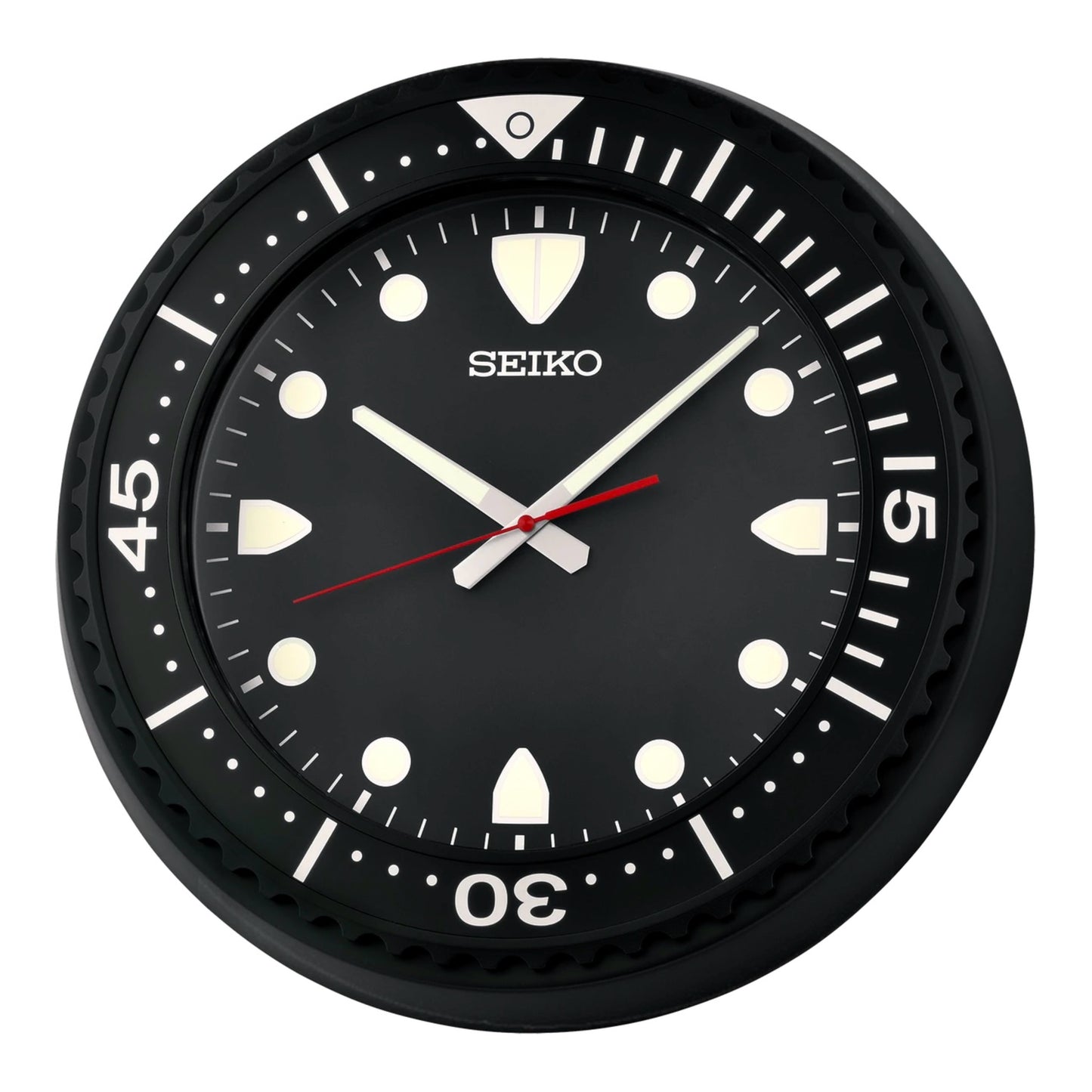 Seiko QXA849KLH "Big Time Watch Dial" Black Heritage Design Large Luminous Metal Wall Clock with Silent Sweep Second Hand