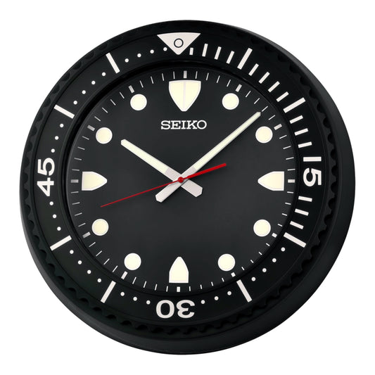 Seiko QXA849KLH "Big Time Watch Dial" Black Heritage Design Large Luminous Metal Wall Clock with Silent Sweep Second Hand
