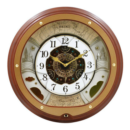 Seiko QXM381BRH “Atlas” Melodies in Motion Dancing Dial Musical Wooden Wall Clock with 18 Songs