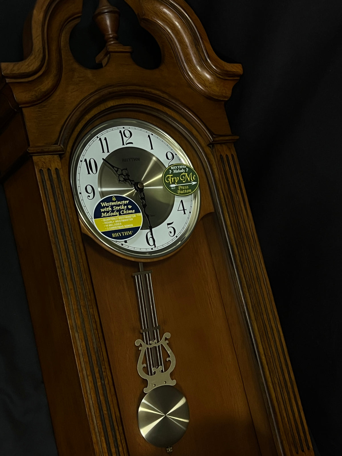 Rhythm “WSM Tiara II” Traditional Wooden Musical & Chiming Pendulum Wall Clock with Intricate Carved Frame - CMJ539UR06