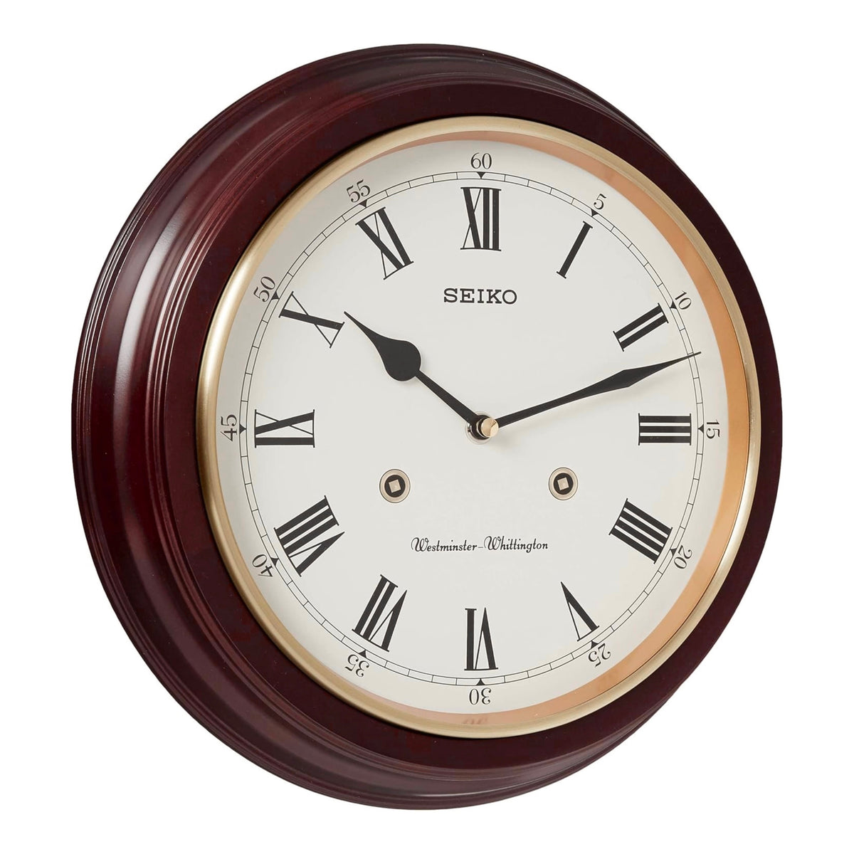 Seiko QXH202BLH "Dover" Traditional 12" Round Decorative Wooden Chiming Wall Clock