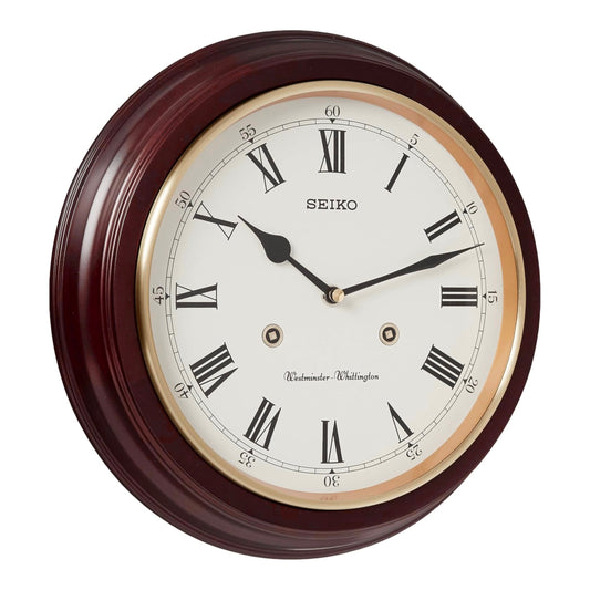 Seiko QXH202BLH "Dover" Traditional 12" Round Wooden Chiming Wall Clock