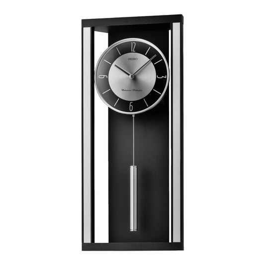 Seiko QXH068KLH "Black & Silver Modern Noir" Mid-Century Modern Wooden Chiming Pendulum Wall Clock