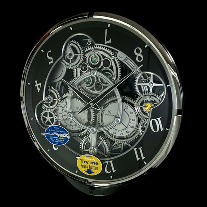 Rhythm “Chronograph (Black/Silver)” Skeletonized Dial Magic Motion Musical Wall Clock with Moving Gears - 4MH442WU08