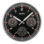 Seiko QXA823KLH "Shelby Watch Dial" Black Heritage Design Luminous Metal Wall Clock with Thermometer, Hygrometer, & Seconds Dial
