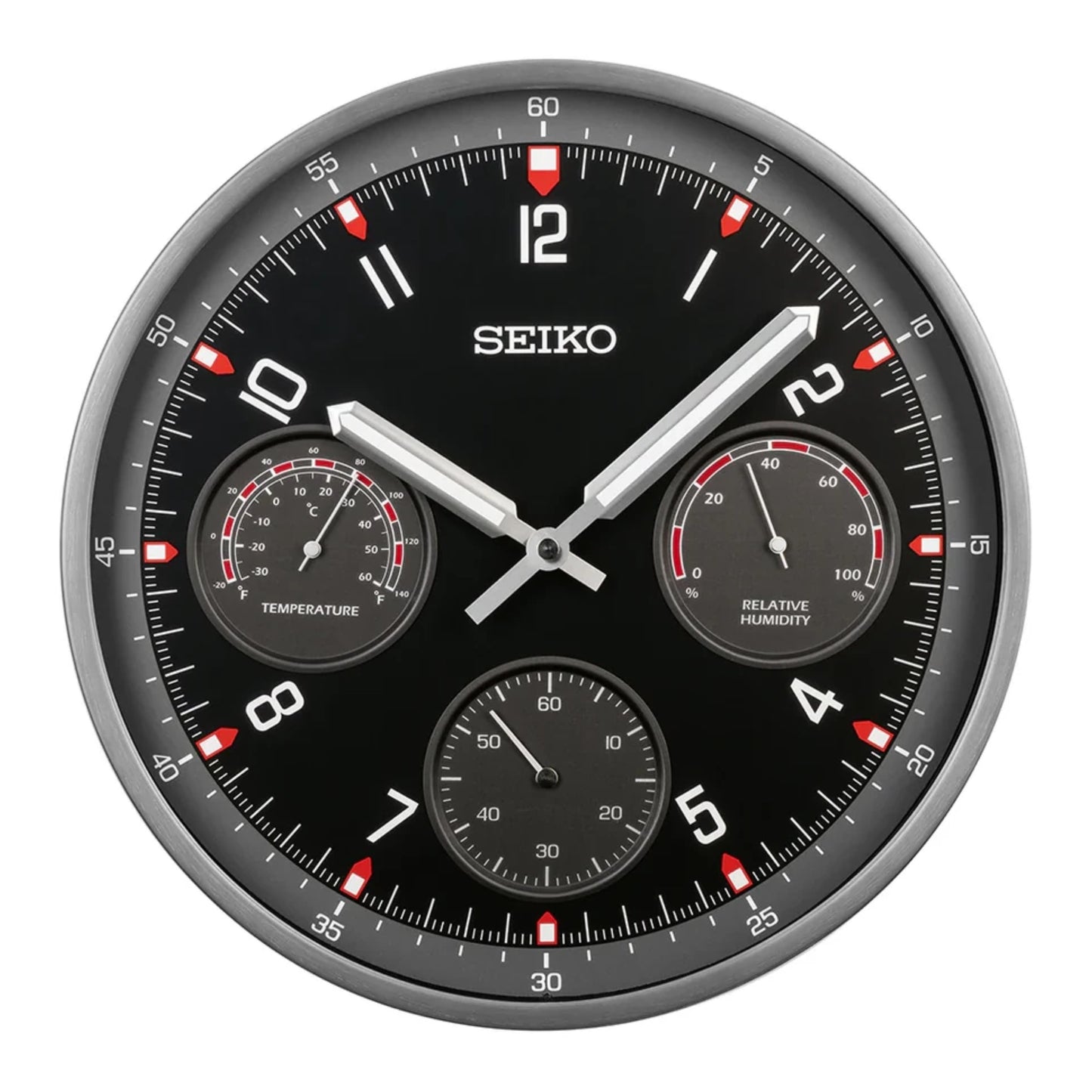 Seiko QXA823KLH "Shelby Watch Dial" Black Heritage Design Luminous Metal Wall Clock with Thermometer, Hygrometer, & Seconds Dial