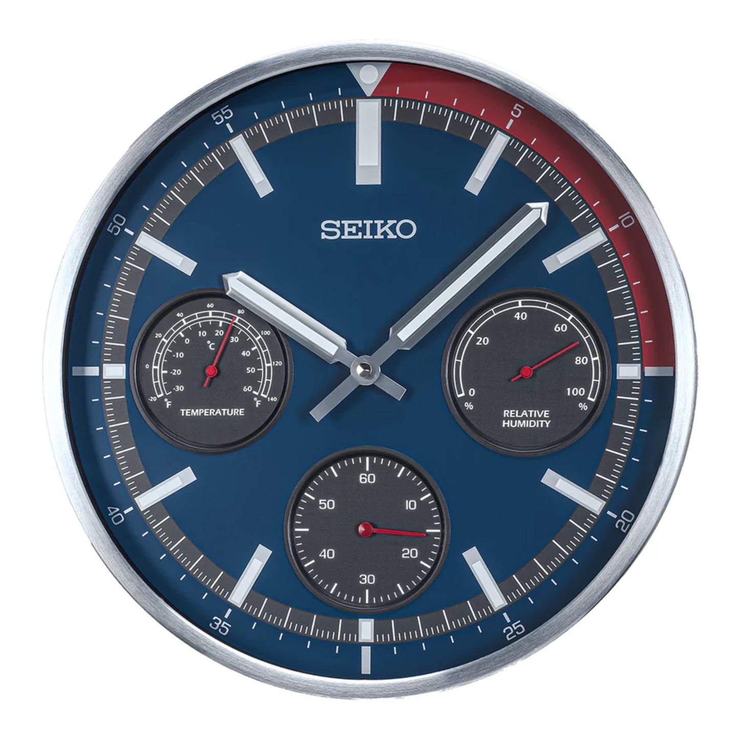 Seiko QXA822SLH "Shelby Watch Dial" Red & Blue Heritage Design Luminous Metal Wall Clock with Thermometer, Hygrometer, & Seconds Dial