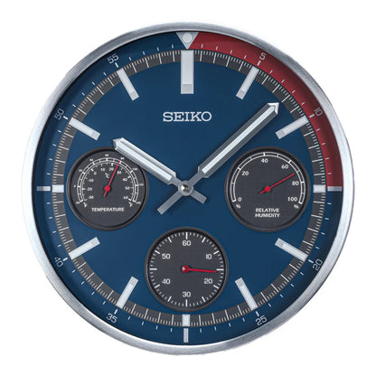 Seiko QXA822SLH "Shelby Watch Dial" Red & Blue Heritage Design Luminous Metal Wall Clock with Thermometer, Hygrometer, & Seconds Dial