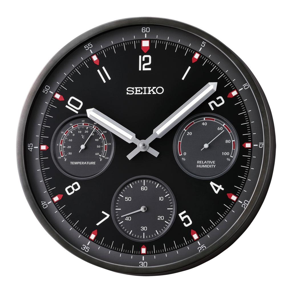 Seiko QXA823KLH "Shelby Watch Dial" Black Heritage Design Luminous Metal Wall Clock with Thermometer, Hygrometer, & Seconds Dial