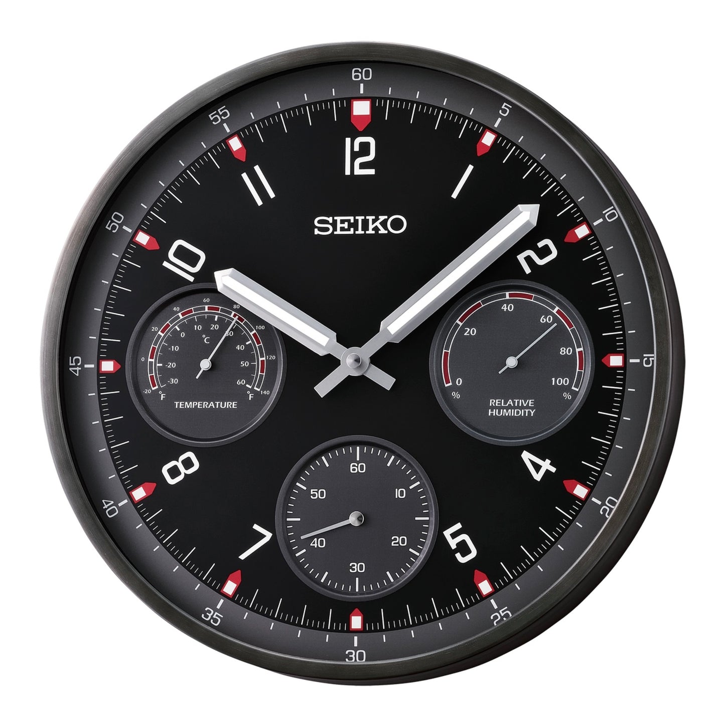 Seiko QXA823KLH "Shelby Watch Dial" Black Heritage Design Luminous Metal Wall Clock with Thermometer, Hygrometer, & Seconds Dial