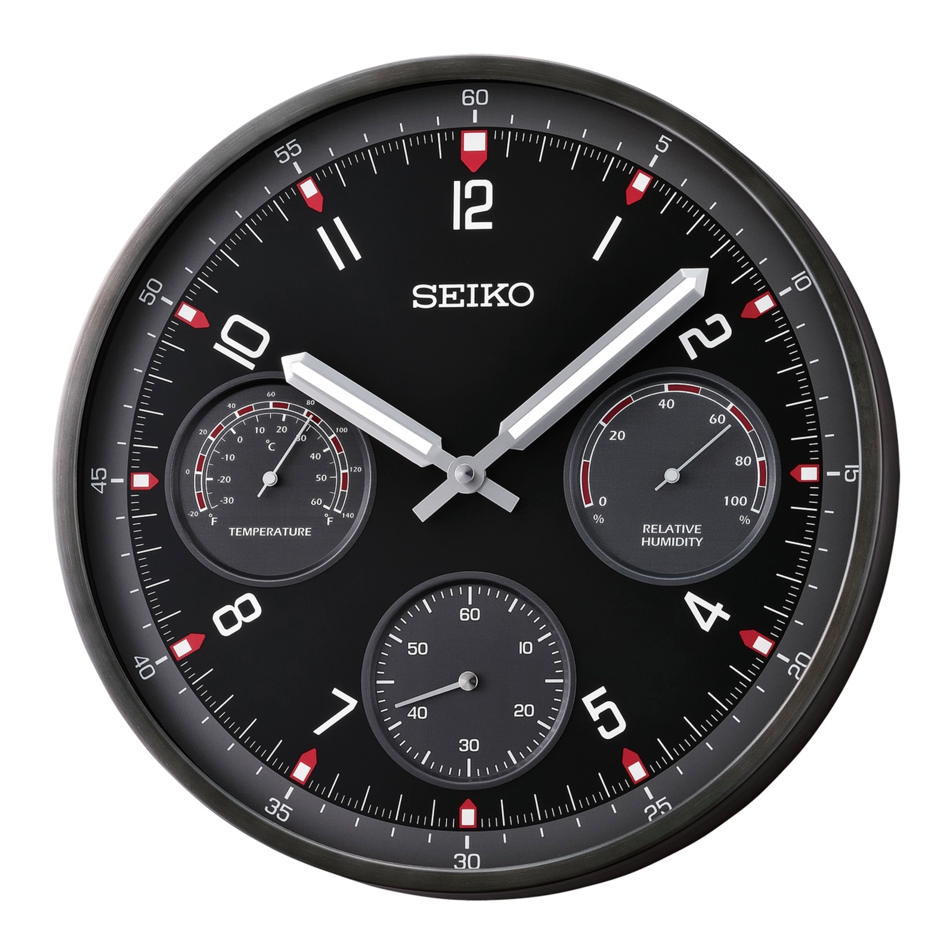 Seiko QXA823KLH "Shelby Watch Dial" Black Heritage Design Luminous Metal Wall Clock with Thermometer, Hygrometer, & Seconds Dial