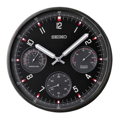 Seiko QXA823KLH "Shelby Watch Dial" Black Heritage Design Luminous Metal Wall Clock with Thermometer, Hygrometer, & Seconds Dial