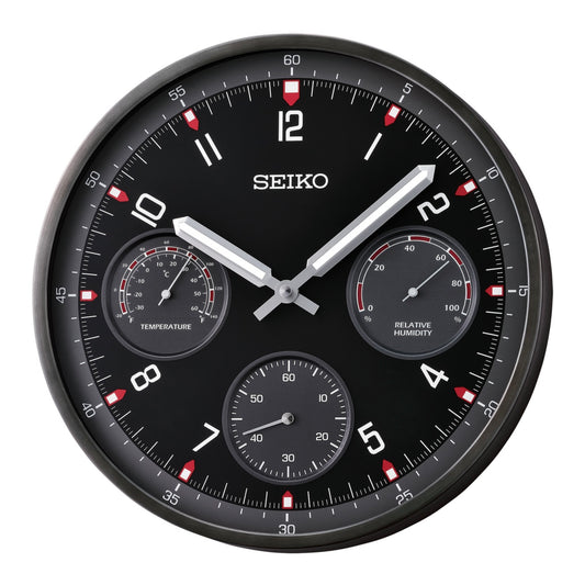 Seiko QXA823KLH "Shelby Watch Dial" Black Heritage Design Luminous Metal Wall Clock with Thermometer, Hygrometer, & Seconds Dial
