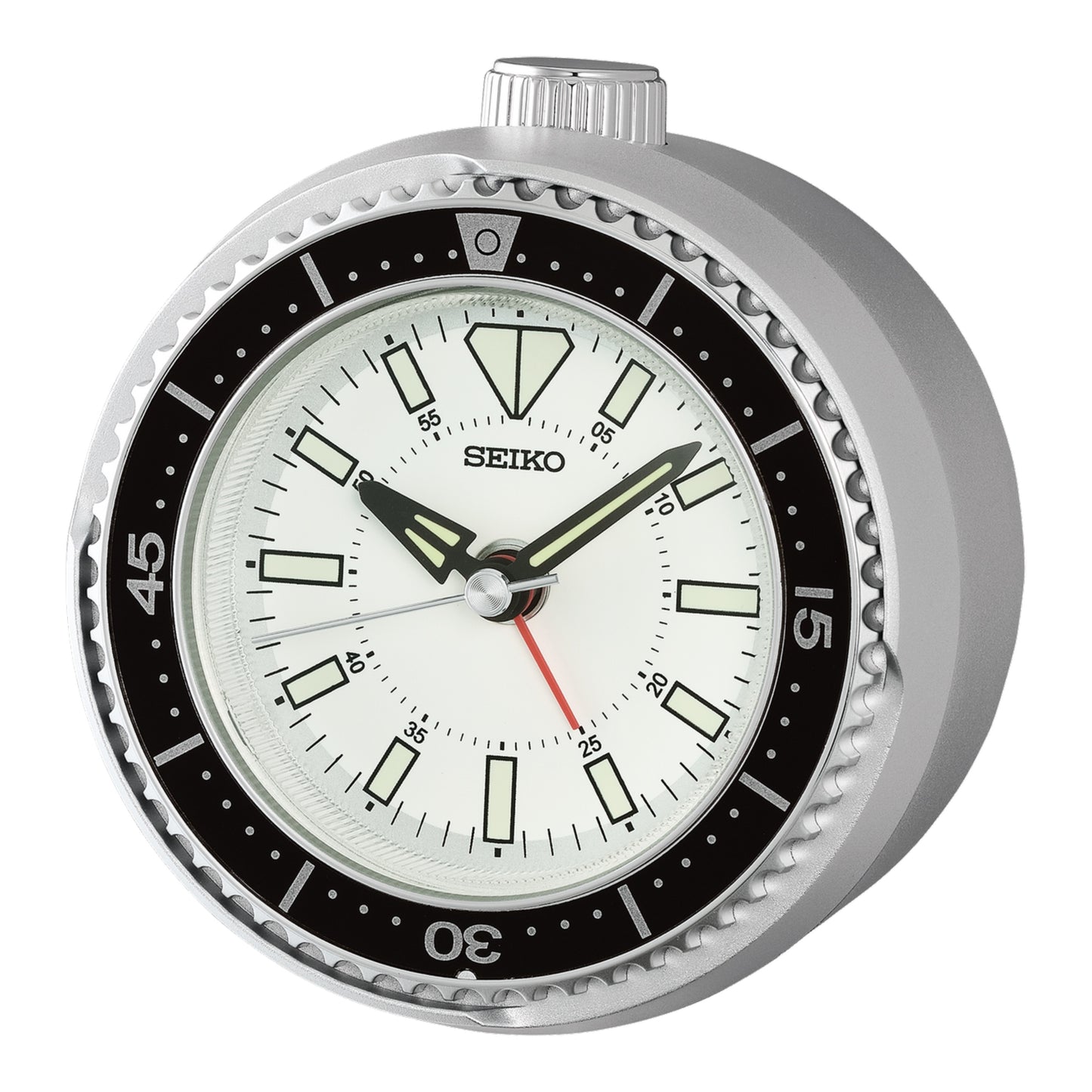 Seiko QHE207SLH "Mai Modern Watch Dial" Silver Heritage Design Luminous Desk & Alarm Clock with Rotating Bezel