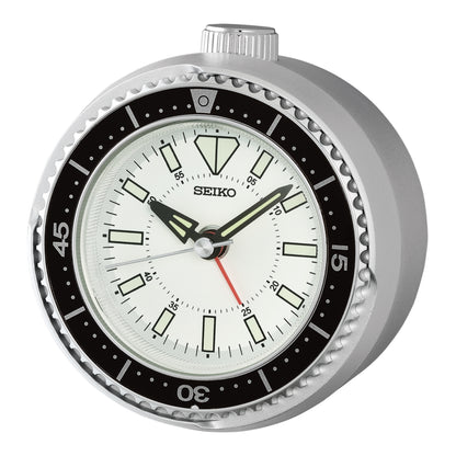 Seiko QHE207SLH "Mai Modern Watch Dial" Silver Heritage Design Luminous Desk & Alarm Clock with Rotating Bezel