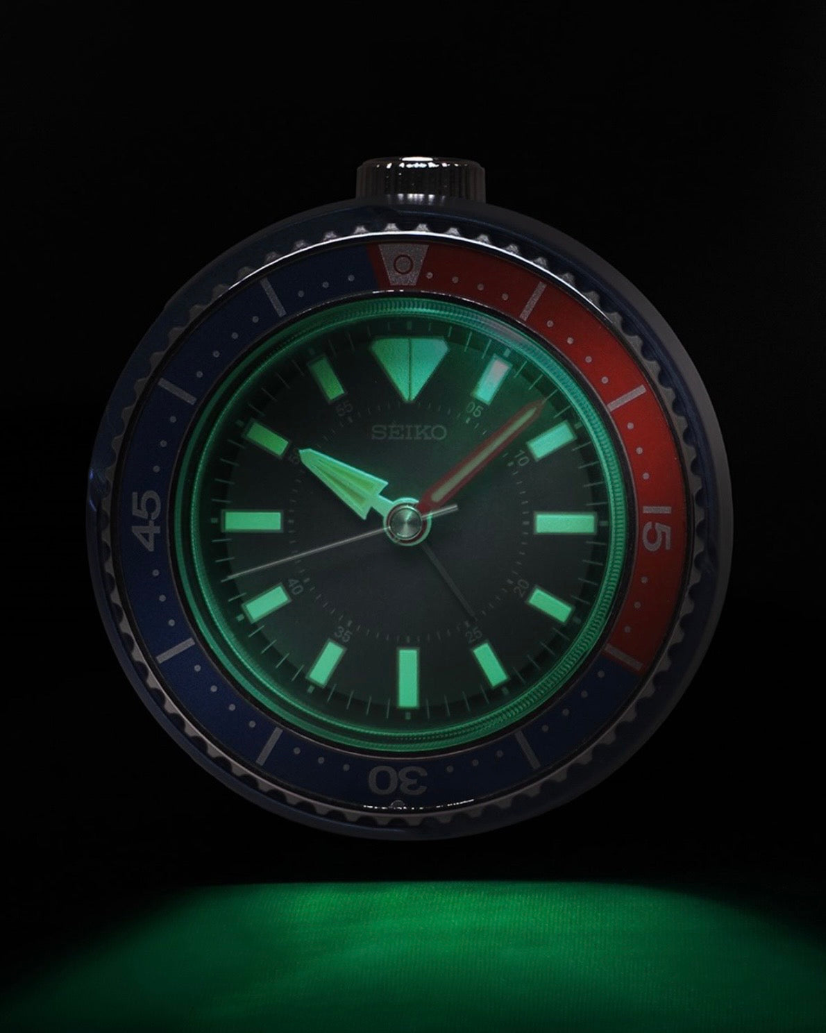 Seiko QHE207LLH "Mai Modern Watch Dial" Red & Blue Heritage Design Luminous Desk & Alarm Clock with Rotating Bezel