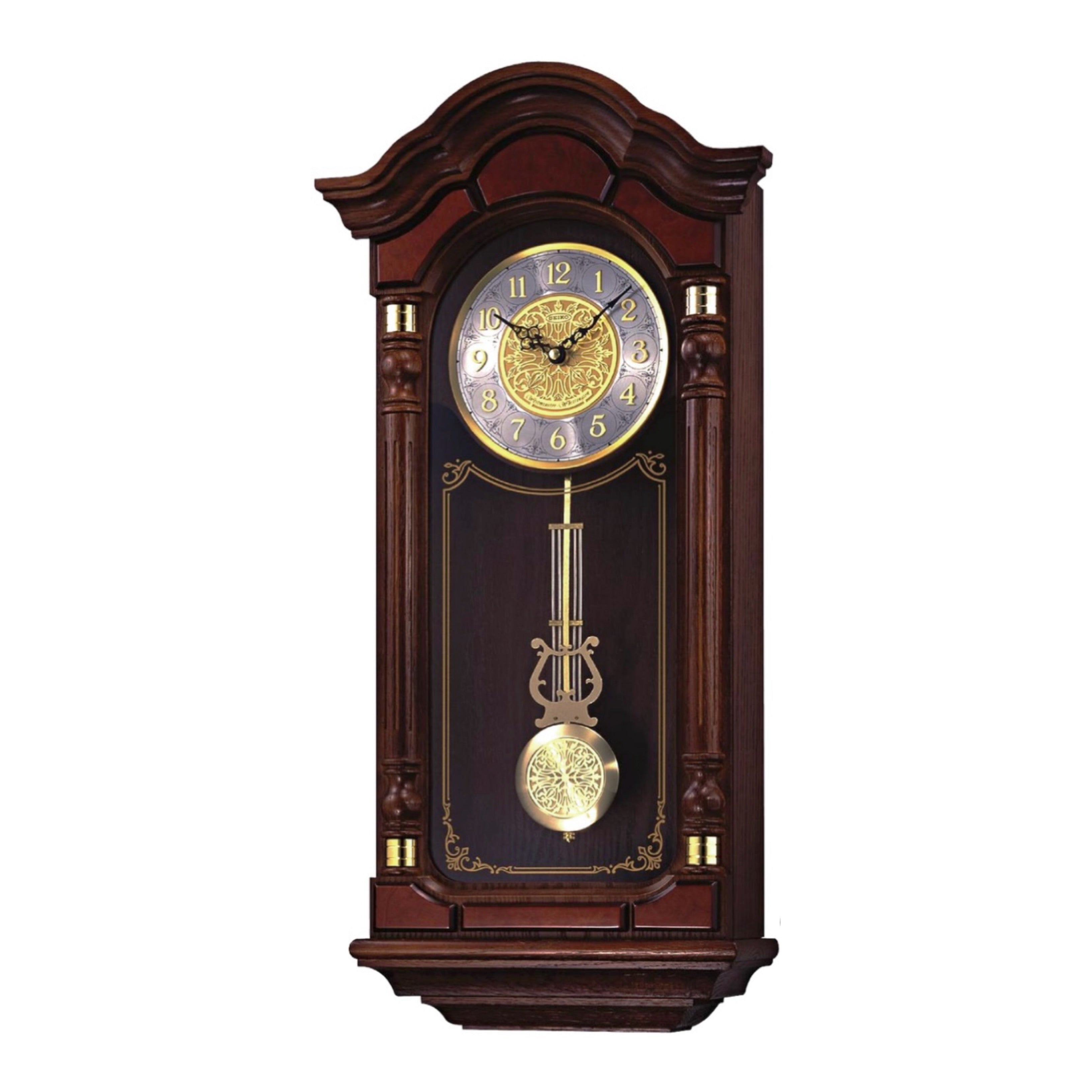 Seiko QXH004BLH "Stately Oak" Traditional Wooden Chiming Pendulum Wall Clock with Dark Mahogany Finish and Embossed Steel Dial