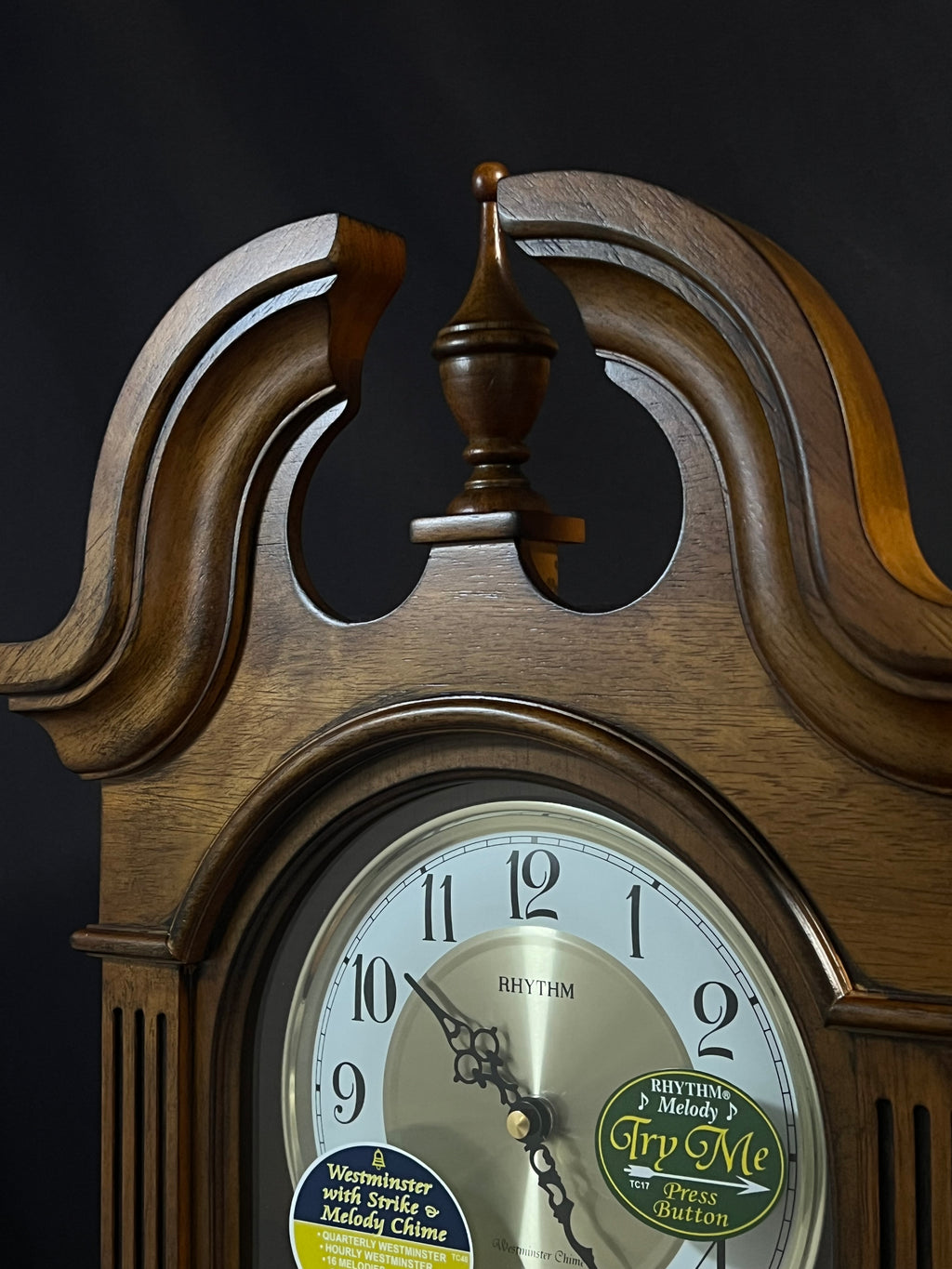Rhythm “WSM Tiara II” Traditional Wooden Musical & Chiming Pendulum Wall Clock with Intricate Carved Frame - CMJ539UR06