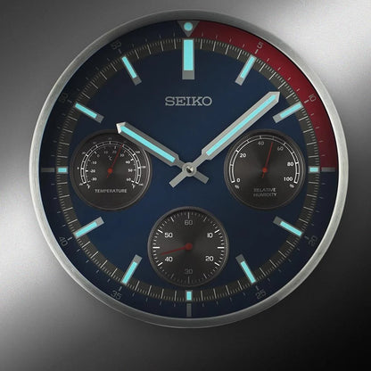 Seiko QXA822SLH "Shelby Watch Dial" Red & Blue Heritage Design Luminous Metal Wall Clock with Thermometer, Hygrometer, & Seconds Dial