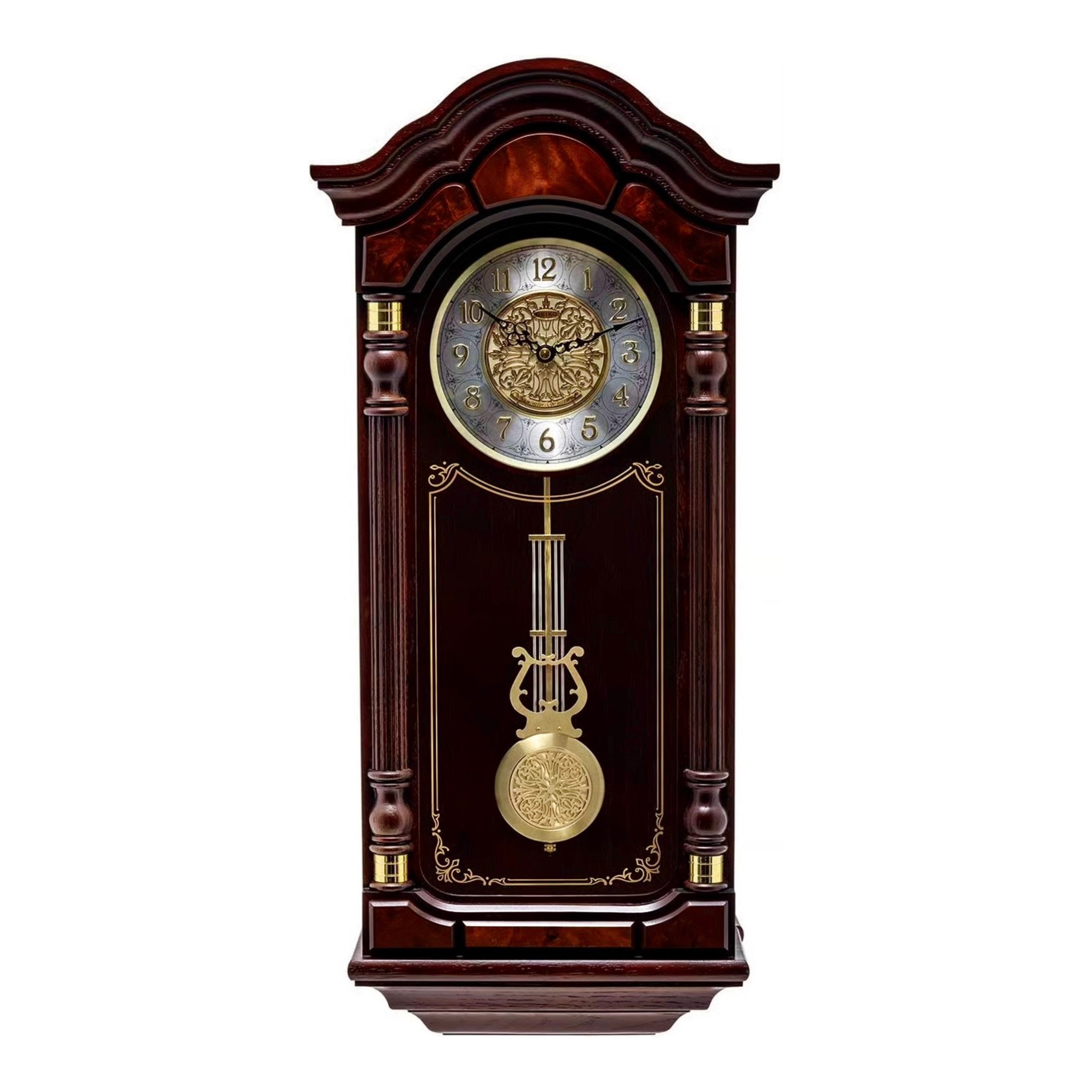 Seiko QXH004BLH "Stately Oak" Traditional Wooden Chiming Pendulum Wall Clock with Dark Mahogany Finish and Embossed Steel Dial
