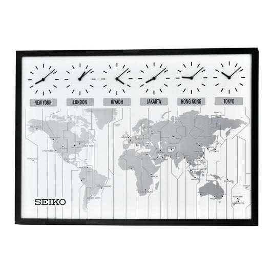 Seiko QXA538KLH "World's View" Large Wall Clock with Six World Time Zone Clocks