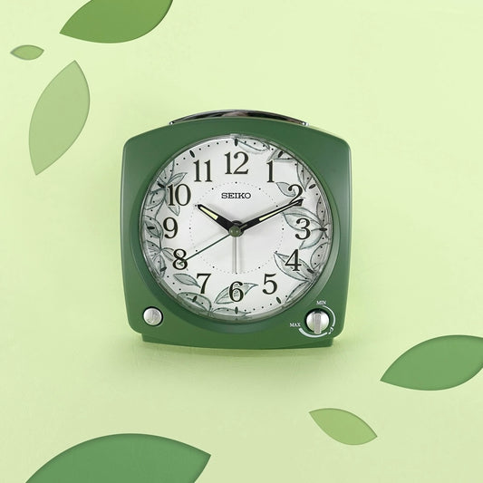 Seiko QHP012MLH "Serene Morning" Green Modern Musical Alarm Clock with Snooze Light & Volume Control
