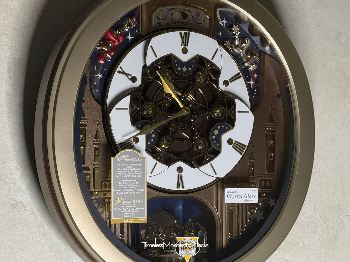 Seiko QXM350GRH "Starry Skyline" Melodies in Motion Dancing Dial Musical Wall Clock with 18 Songs