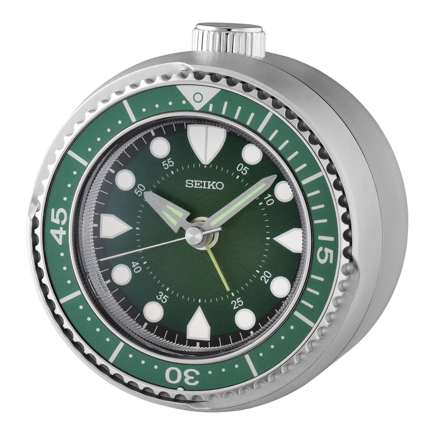 Seiko QHE207ALH "Mai Modern Watch Dial" Green & Silver Heritage Design Luminous Desk & Alarm Clock with Rotating Bezel