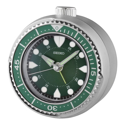 Seiko QHE207ALH "Mai Modern Watch Dial" Green & Silver Heritage Design Luminous Desk & Alarm Clock with Rotating Bezel
