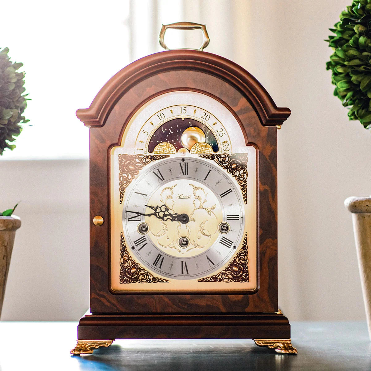 Hermle "Aimee" 8-Day Keywound Traditional Bracket-Style Wooden Mantel Clock with Moon Phase Dial - 23054-030340