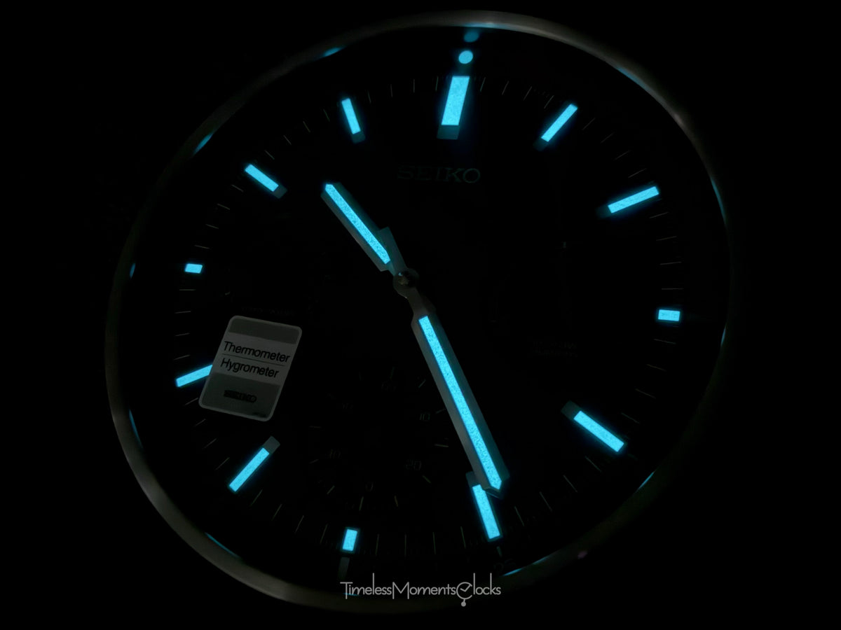 Seiko QXA822SLH "Luminous Shelby Watch Dial" Red & Blue Heritage Design Metal Wall Clock with Thermometer, Hygrometer, & Seconds Dial