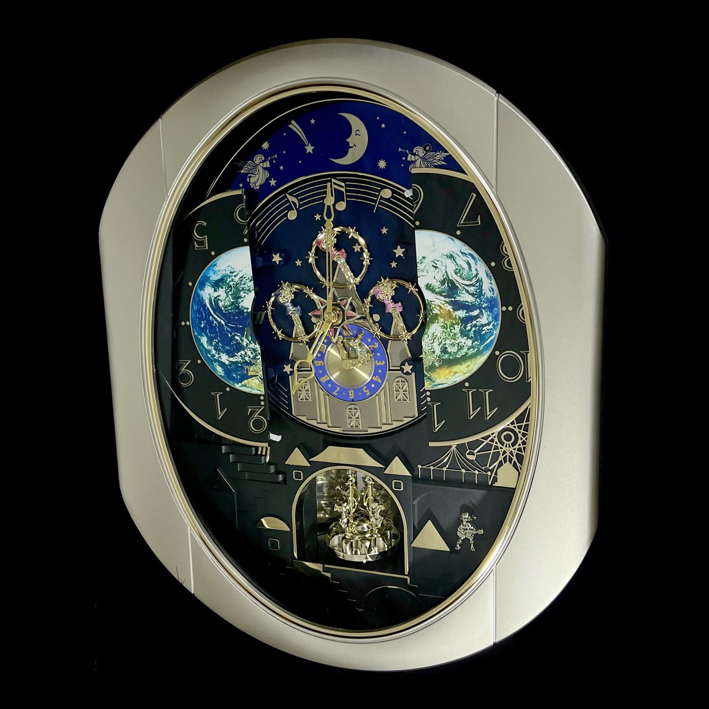 Rhythm “Peaceful Cosmos” Moving Earth Dial Magic Motion Musical Wall Clock with Popular Melodies - 4MH751AR19