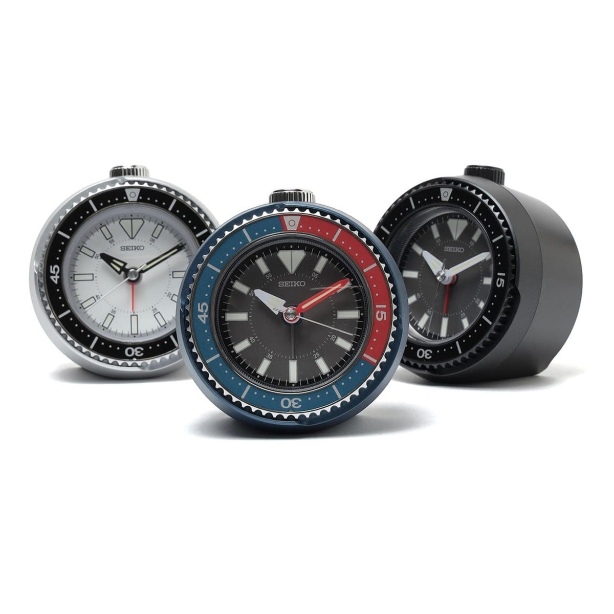 Seiko QHE207SLH "Mai Modern Watch Dial" Silver Heritage Design Luminous Desk & Alarm Clock with Rotating Bezel