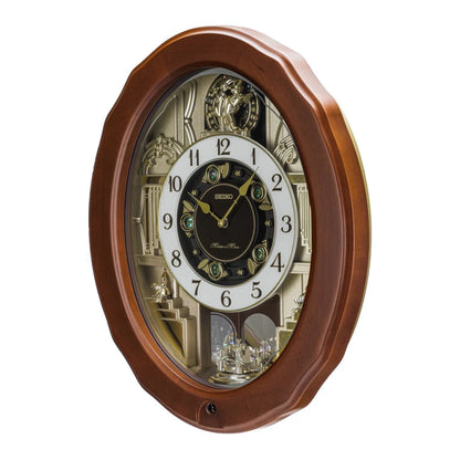 Seiko QXM604BRH "Emerald Pageant" Melodies in Motion Musical Wooden Wall Clock with Moving Figurines & 30 Songs