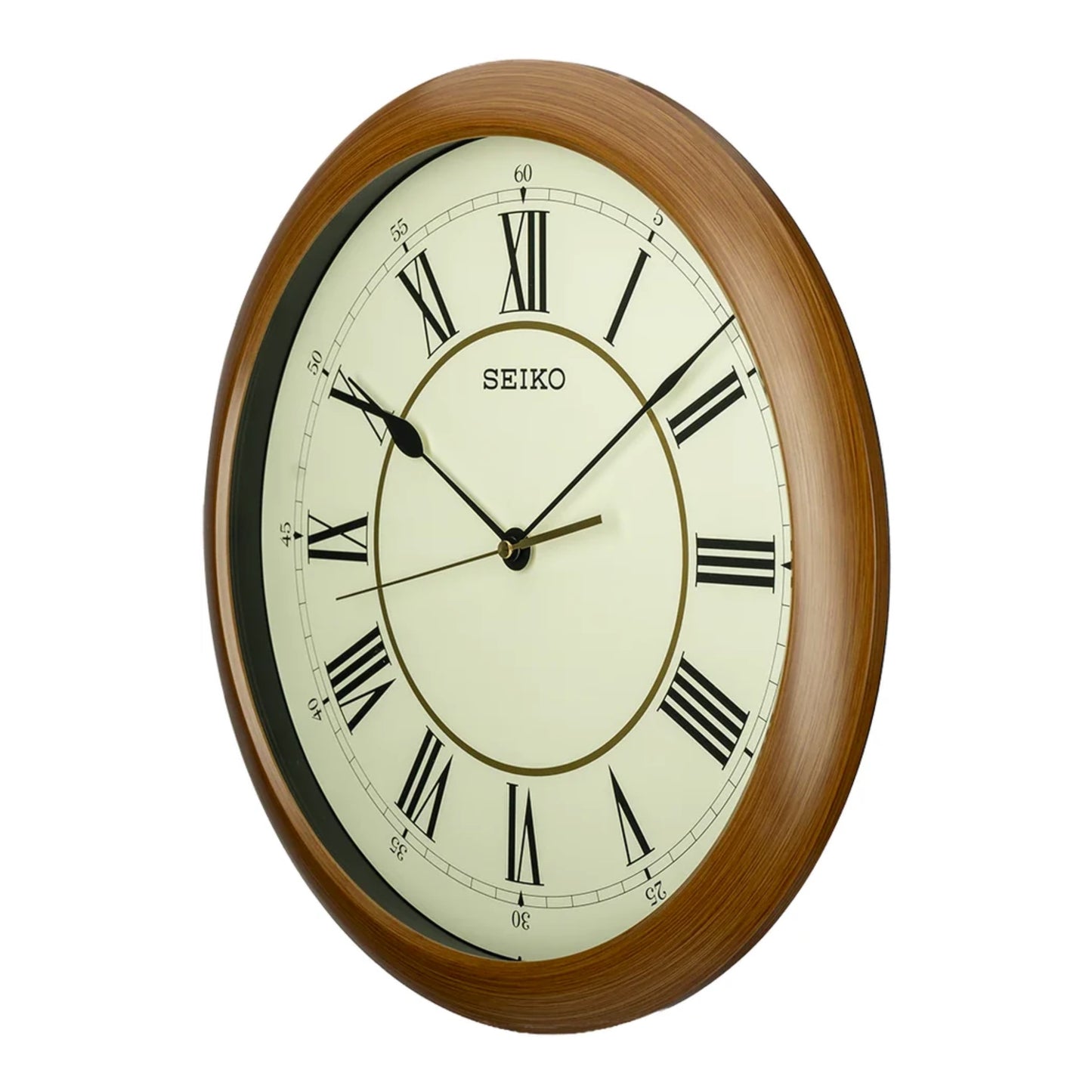 Seiko QXA598ALH "16-Inch Woodgrain with Roman Numerals" Large Wall Clock with Silent Sweep Second Hand