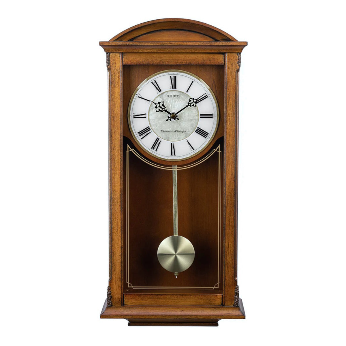 Seiko QXH030BLH "Antique Arched" Traditional Wooden Chiming Pendulum Wall Clock with Pearlized Dial
