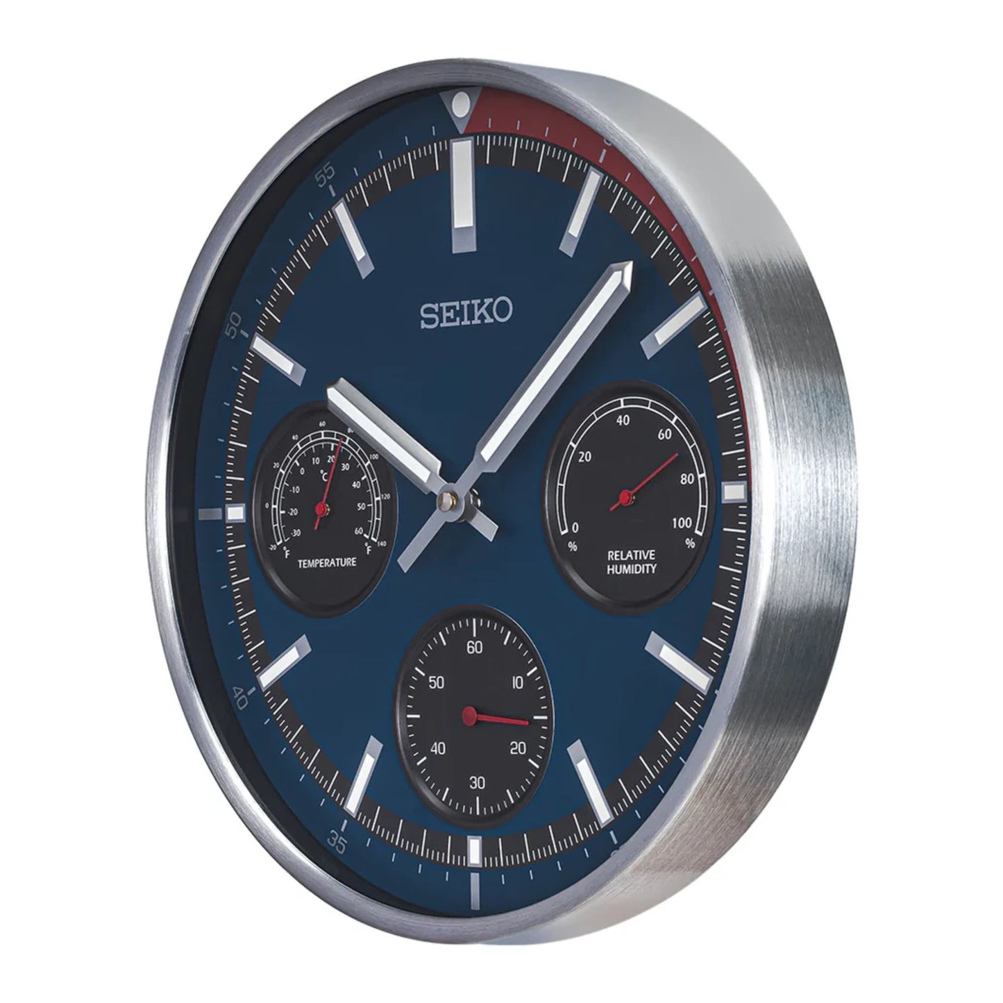 Seiko QXA822SLH "Shelby Watch Dial" Red & Blue Heritage Design Luminous Metal Wall Clock with Thermometer, Hygrometer, & Seconds Dial
