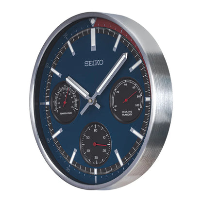 Seiko QXA822SLH "Shelby Watch Dial" Red & Blue Heritage Design Luminous Metal Wall Clock with Thermometer, Hygrometer, & Seconds Dial