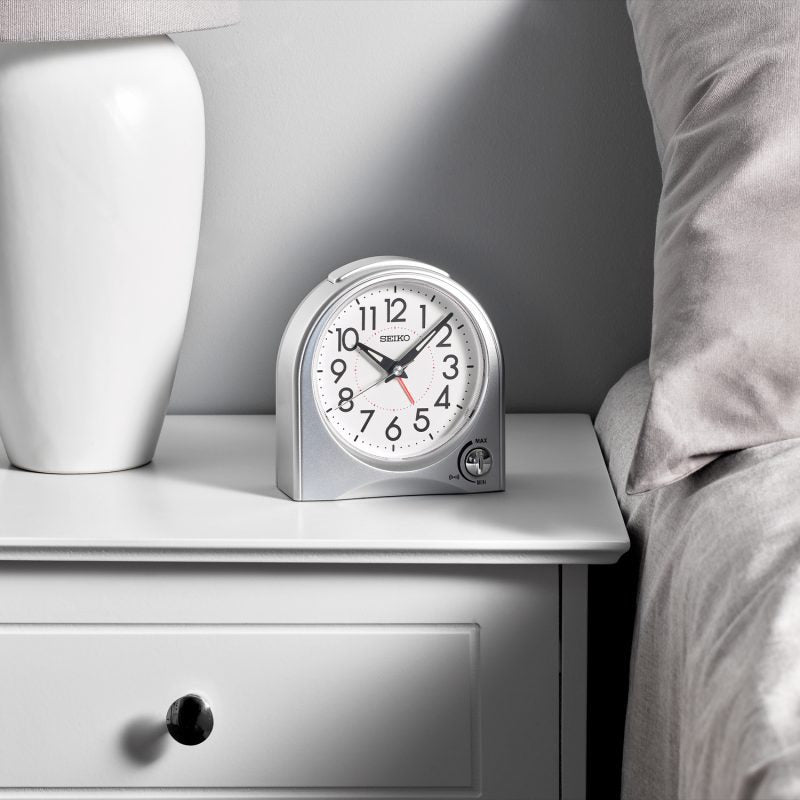 Seiko QHE204SLH "Maris" Silver Luminous Desk & Alarm Clock with Snooze Light & Volume Control