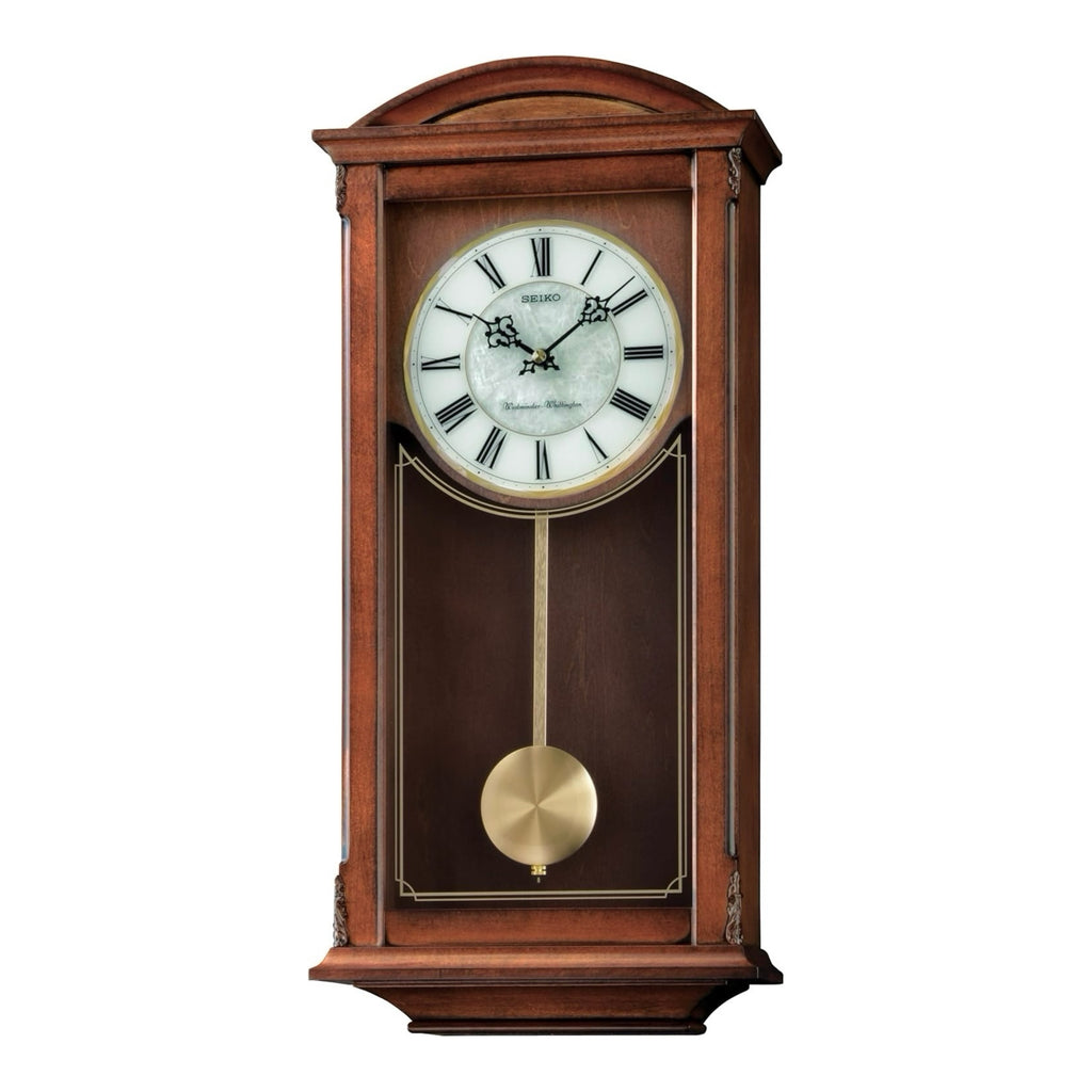 Seiko QXH030BLH "Antique Arched" Traditional Wooden Chiming Pendulum Wall Clock with Pearlized Dial