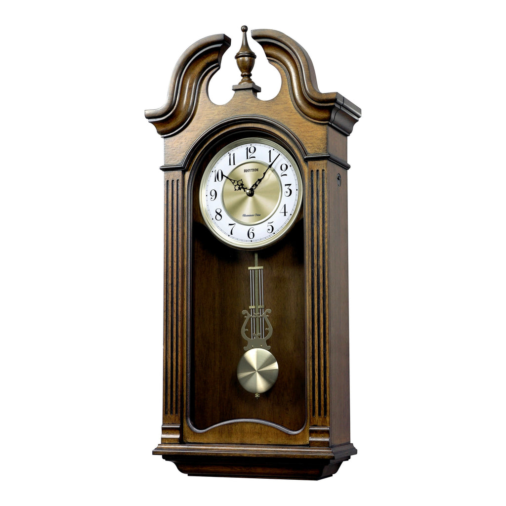 Rhythm “WSM Tiara II” Traditional Wooden Musical & Chiming Pendulum Wall Clock with Intricate Carved Frame - CMJ539UR06