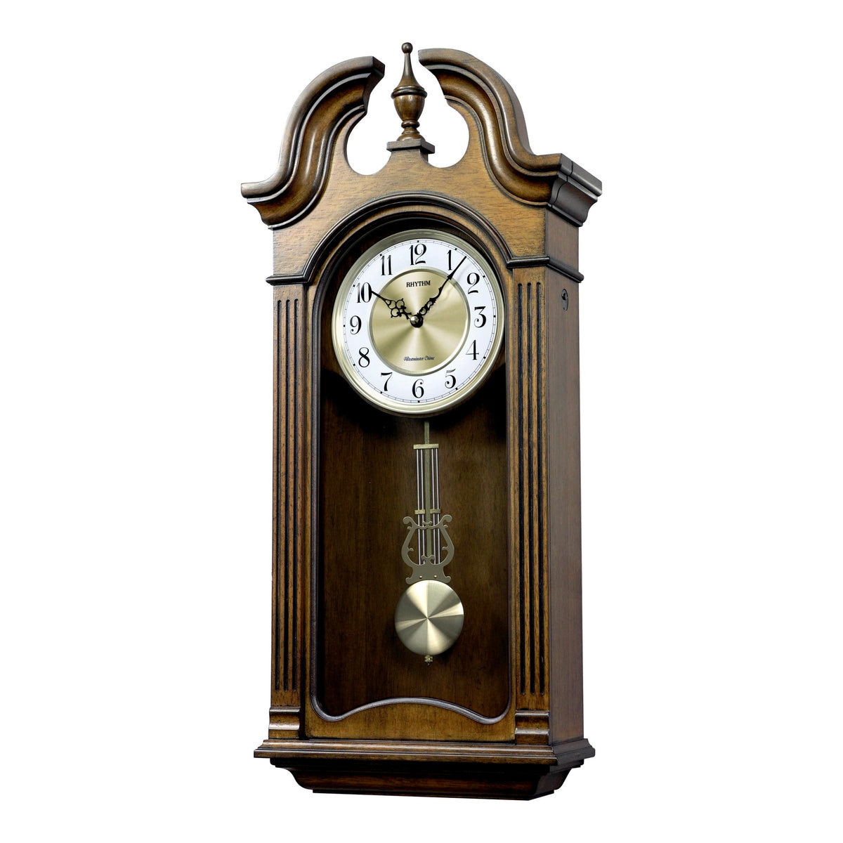 Rhythm “WSM Tiara II” Traditional Wooden Musical & Chiming Pendulum Wall Clock with Intricate Carved Frame - CMJ539UR06