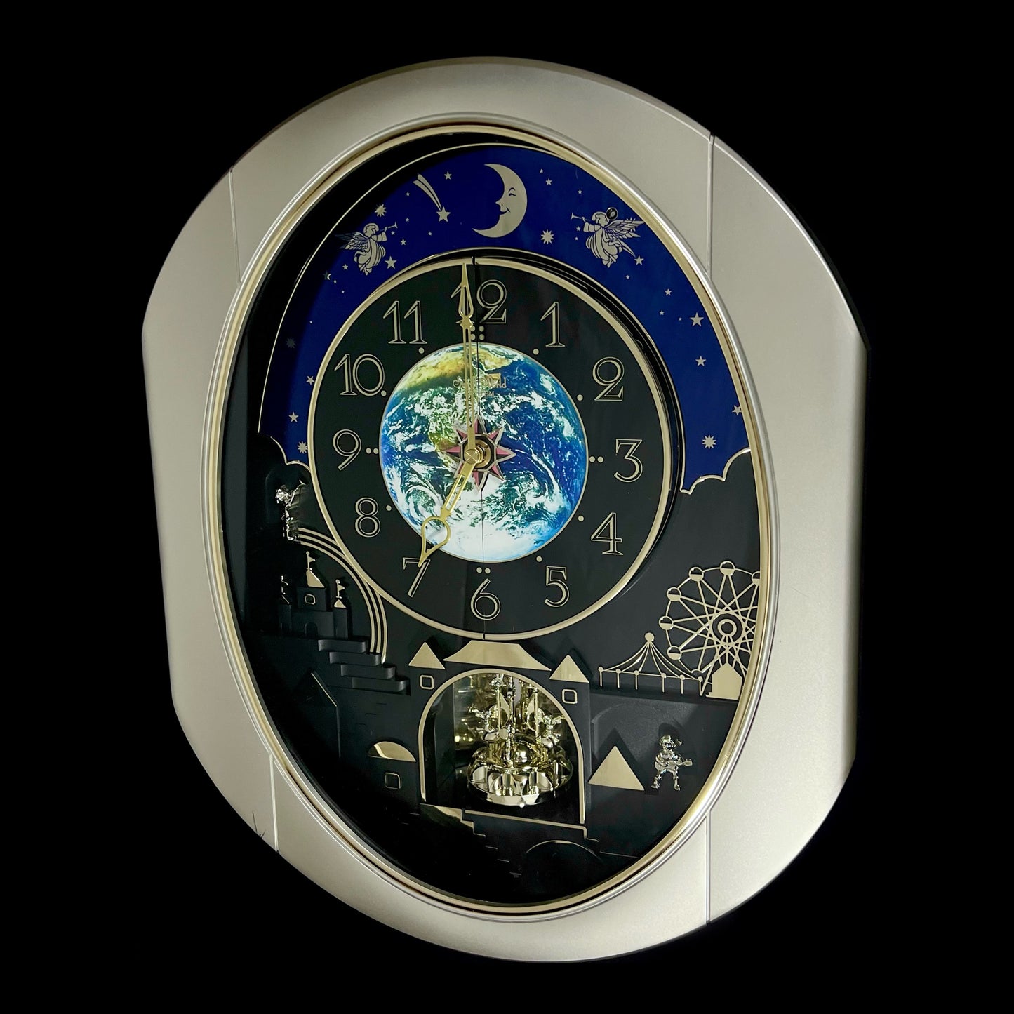 Rhythm “Peaceful Cosmos” Moving Earth Dial Magic Motion Musical Wall Clock with Popular Melodies - 4MH751AR19