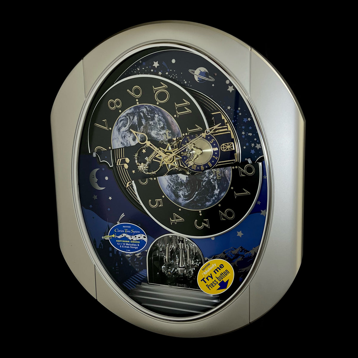 Rhythm “Peaceful Cosmos II” Moving Earth Dial Magic Motion Musical Wall Clock - 4MH408WU19