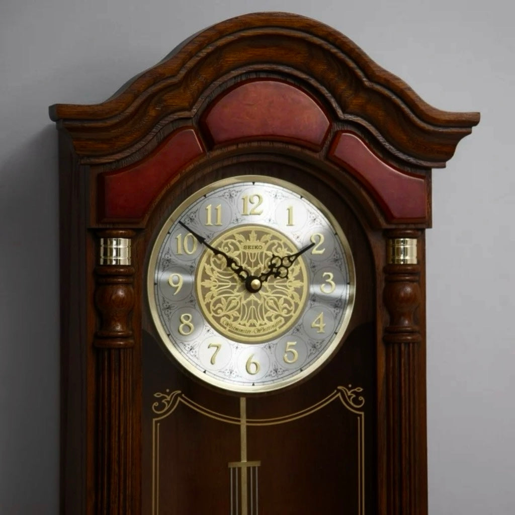 Seiko QXH004BLH "Stately Oak" Traditional Wooden Chiming Pendulum Wall Clock with Dark Mahogany Finish and Embossed Steel Dial