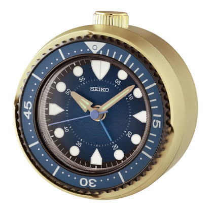 Seiko QHE207GLH "Mai Modern Watch Dial" Navy Blue & Gold Heritage Design Luminous Desk & Alarm Clock with Rotating Bezel