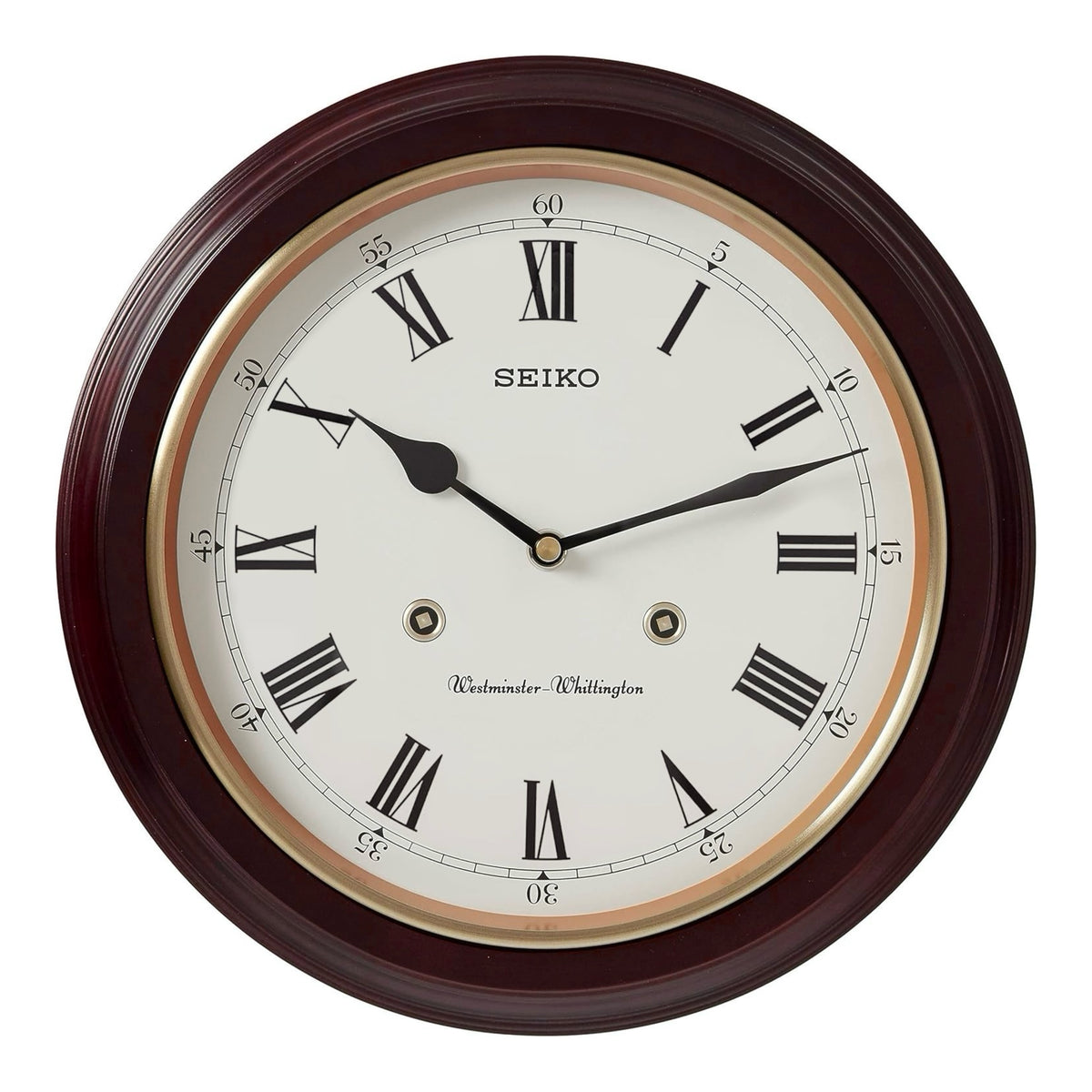 Seiko QXH202BLH "Dover" Traditional 12" Round Decorative Wooden Chiming Wall Clock