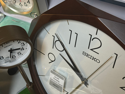 Seiko QXA863BLH "Alder Prism" Diamond-Cut Wooden Modern Wall Clock with Silent Sweep Second Hand